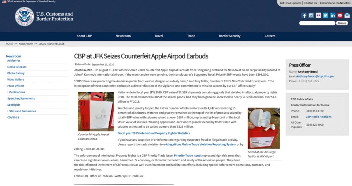 Airpods apple counterfeit feds seized Us cbp counterfeit airpods oneplus buds mixup