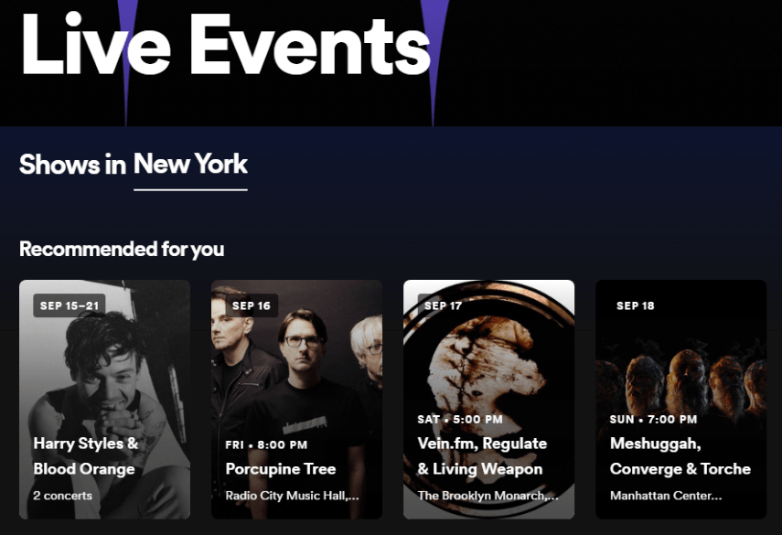 Spotify personalized list of local concerts