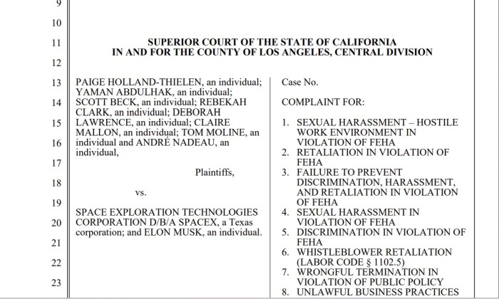 Spacex elon musk sexual harassment lawsuit