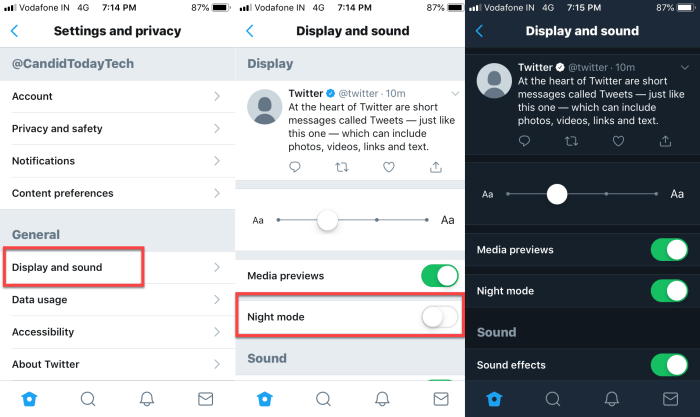 Twitter night mode feature ios app update